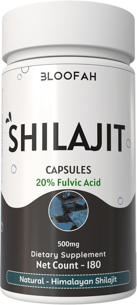Bloofah Shilajit Kapseln 500mg | 20% Extrakt Fulvic Säure | Natürliches Shilajit-Pulver (Asphaltum) | Non-GMO, Gluten-Free | Premium Wellness-Ergänzung für den täglichen Gebrauch (180 Zähler (Pack von 1))