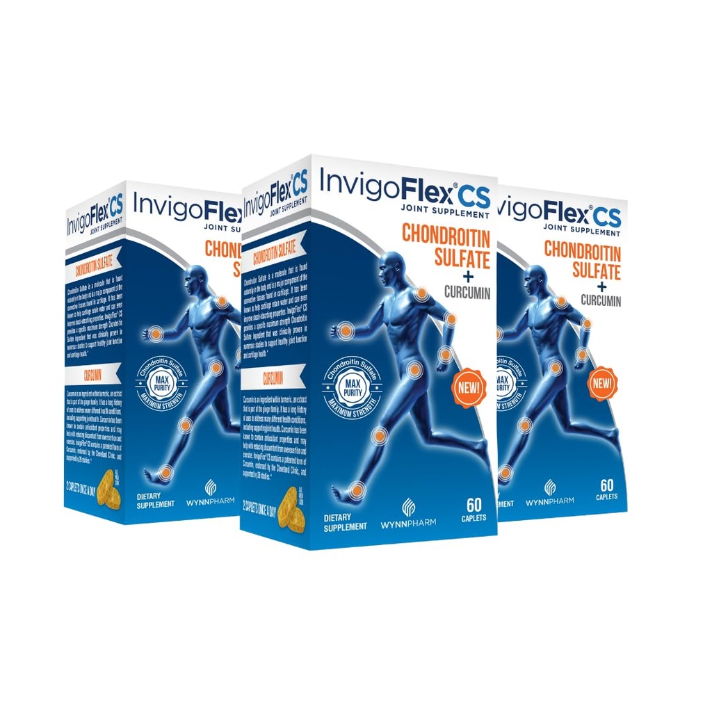 INVIGOFLEX Sulfate de chondroïtine avec Curcumine Turcumine non OGM pour le genou, la main, le dos et la hanche Supplément de joint Premium CS - 3 Pack