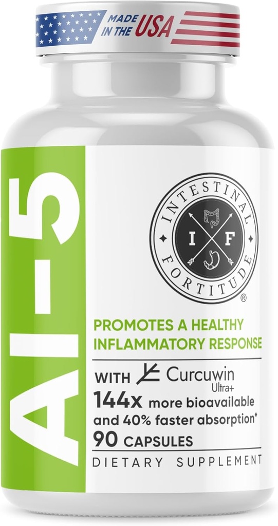Fortitude intestinale AI-5 - Supplément de gélules digestives avec curcuWIN, curcuma, curcumine, Boswellia Serrata, racine de gingembre et thé vert EGCG pour Gut & DigestiveHealth Support, non-OGM, sans produits laitiers