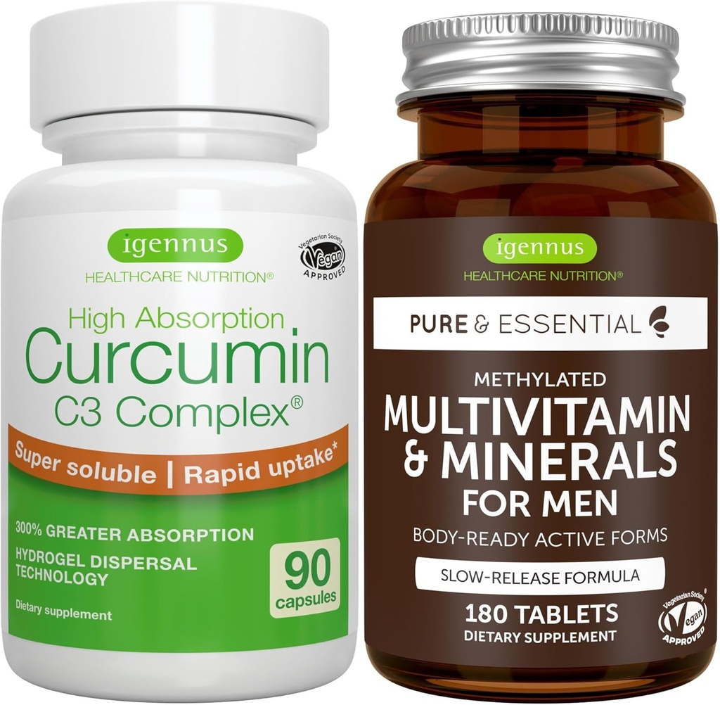 Multivitamin & Minerals für Männer + High Absorption Curcumin C3 Complex, Vegan Bundle, Sustained Release Advanced Multivitamin + 300% größere Absorption Curcuminoide mit schneller Aufnahme, von Igennus