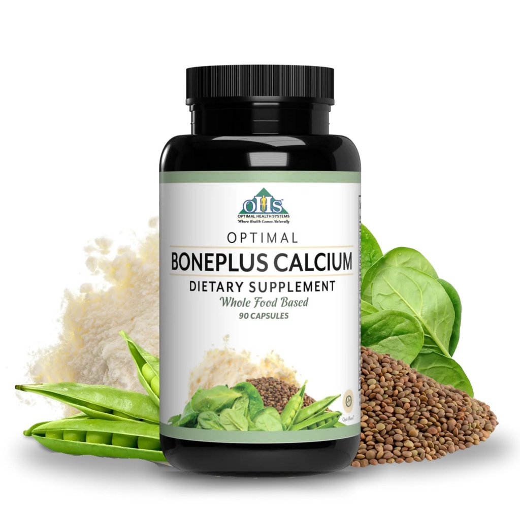 Optimale Gesundheitssysteme BonePlus Kalzium | Highly Absorbable Chelat Kalzium + Ipriflavone, Probiotika, Pflanzenenzyme | Knochenstärkeergänzung | 90 Kapseln