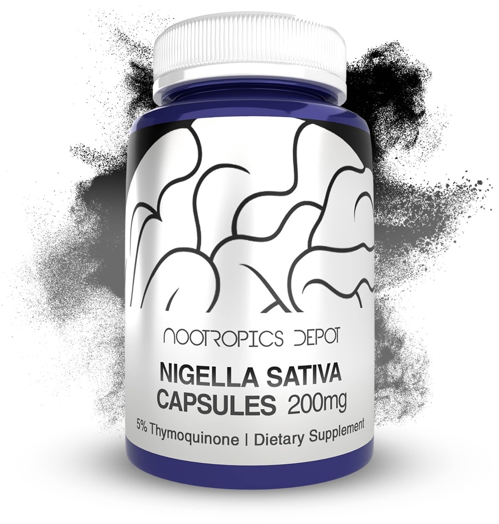Nootropics Depot Nigella Sativa Extrakt Kapseln | 200mg | 60 Count | Minimum 5% Thymochinon Inhalt | Schwarzer Samen Öl Extrakt | Unterstützt Speicher, Leber, Gehirn und Immunfunktion