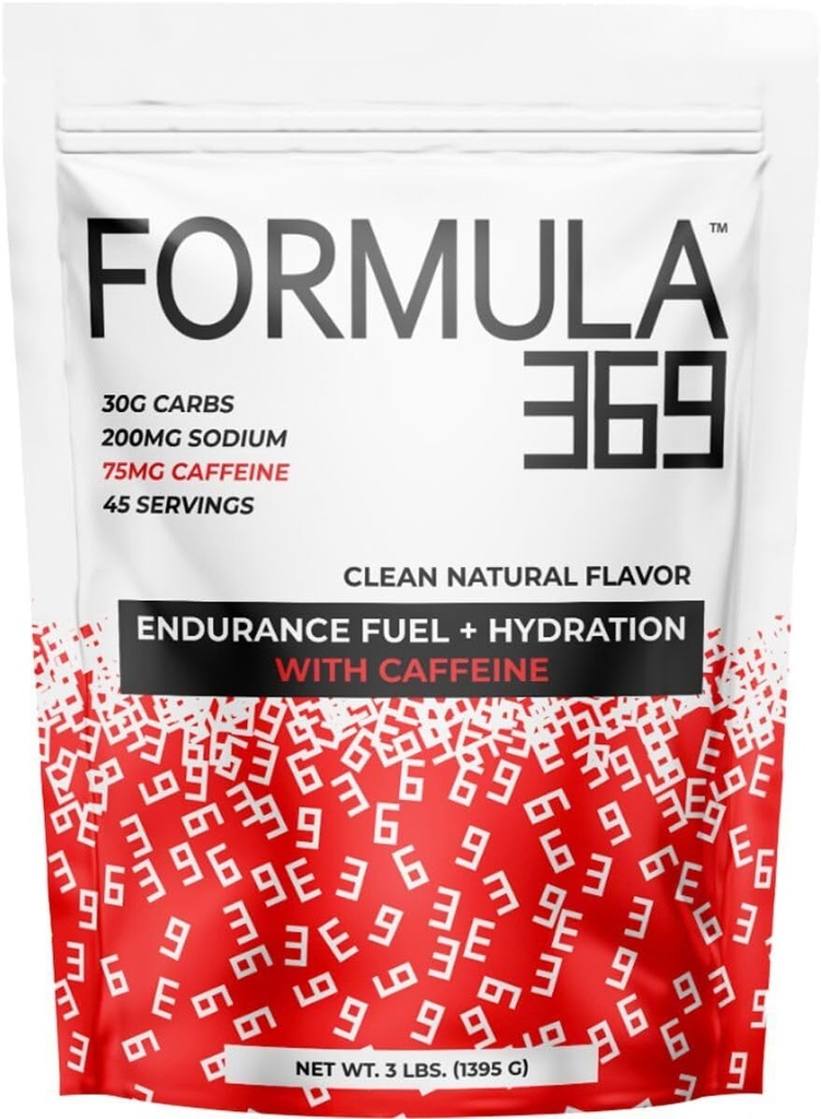 Formule 369 avec caféine, mélange de boisson d'endurance, 3 livres sac avec 45 portions, 30g de glucides et 75mg de caféine par portion, mélange de glucides élevé avec 1:1 rapport de glucose au fructose, végétalien, sans gluten