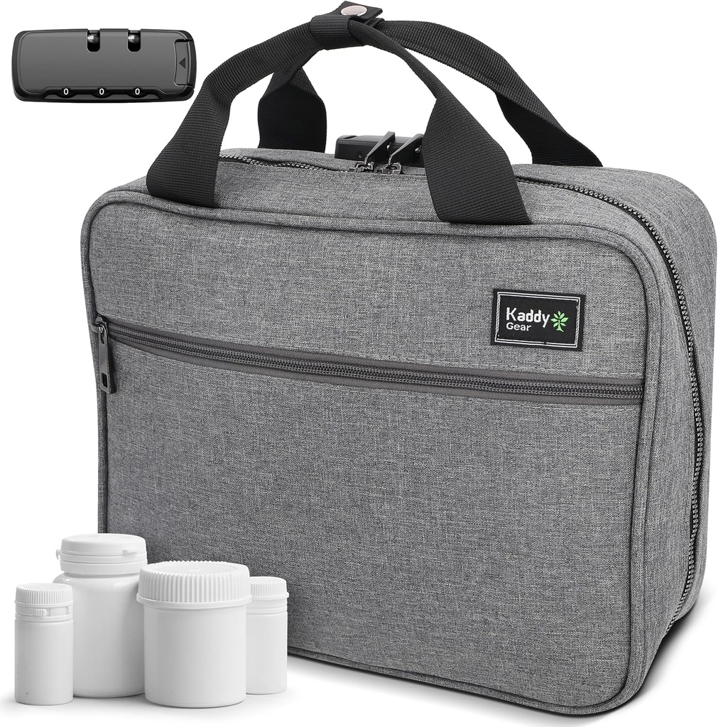 Kaddy Large Medicine Bag, Secure, Gepolstert, Pill Organizer Box, Case for Bottles of Medicine oder Supplements; Aufbewahrung; Toilette; 3 Digit Lock, Grau