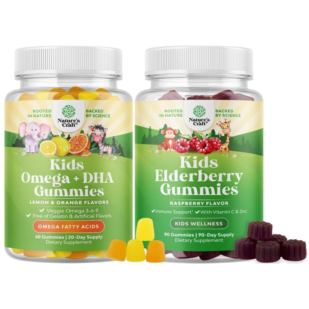 Bundle of Kids DHA Omega 3 Gummie - Fettsäuren Omega 3 6 9 für Gehirn Immunität Stärke & Vision - Ernährung DHA und Sambucus Elderberry Gummies für Kinder Gesundheit - Zink & Vitamin C für Immununterstützung