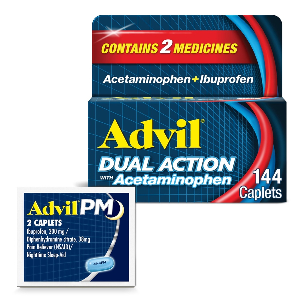 Advil Dual Action mit Acetaminophen und Ibuprofen (2 Dose Equivalent) für 8 Stunden Schmerz Relief, beschichtet 144 Ct Caplets und 2 Ct Probe von Advil PM