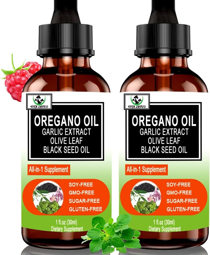 (2 packs) Huile biologique d'Origan avec huile de graines noires pour immune, support digestif et antioxydant, w/aillier aileron soutien saisonnier 6X Absorption gouttes d'Origan liquide