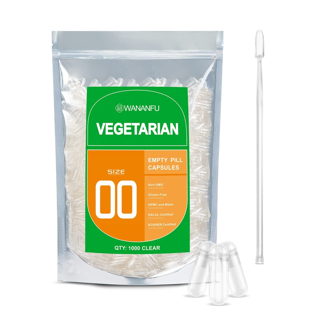 wananfu Größe 00 Leere Kapseln Vegetarisch (1000 Zähler) Bundle mit Micro Lab Spoon, Klare füllbare Veggie Pillen Kapseln 00 für Ihre eigenen Ergänzungen
