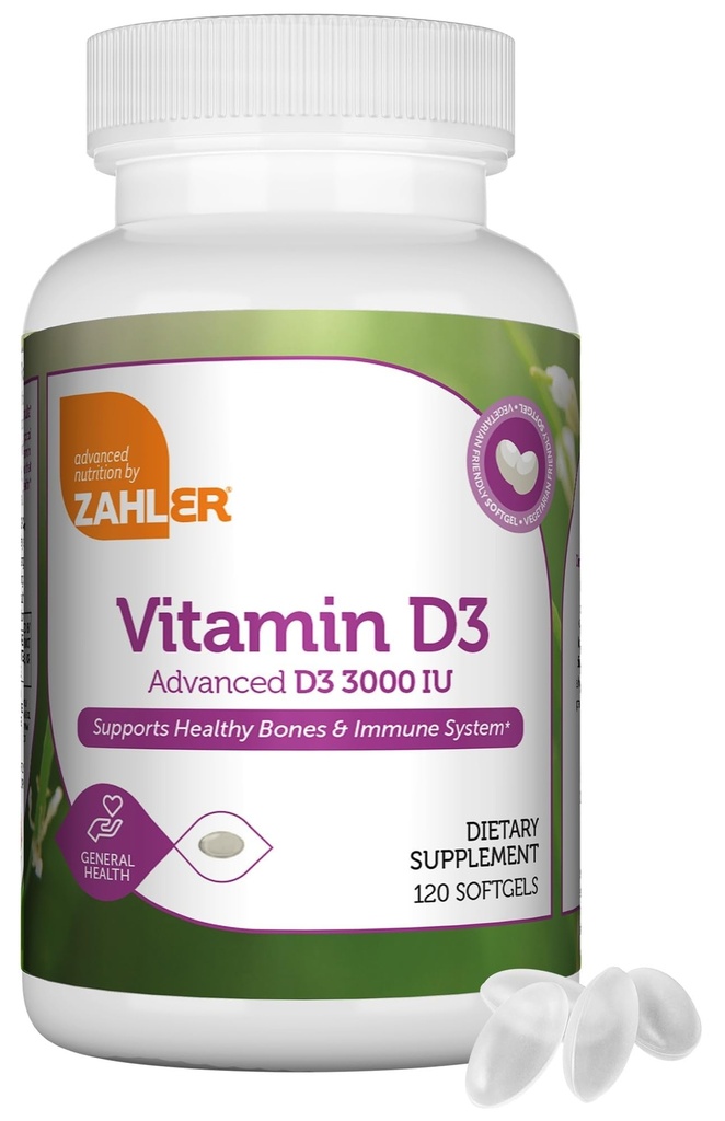 Zahler - Vitamine avancée D3 3000 UI Softgels (120 Comte) Kosher Végétarien Vitamine D pour le soutien immunitaire, os, dents et santé musculaire - Supplément Vitamine D3 quotidien pour les adultes - Easy Swallow.