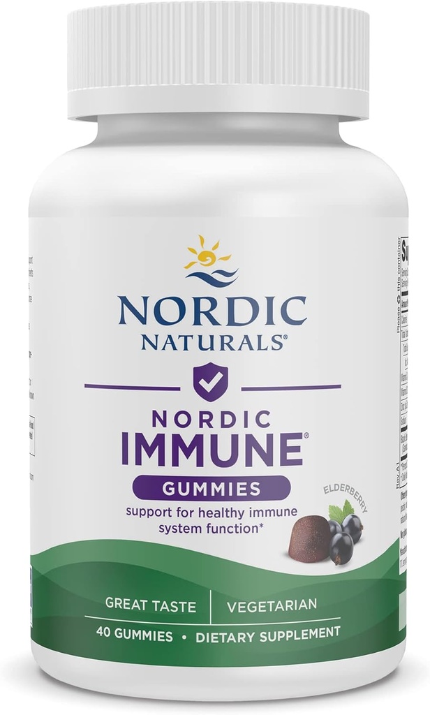 Nordic Naturals Immune Gummies, Elderberry, 40 Immune Support Gummies, Vitamines à croquer pour le soutien quotidien des immunes, non OGM, végétarien, 20 portions