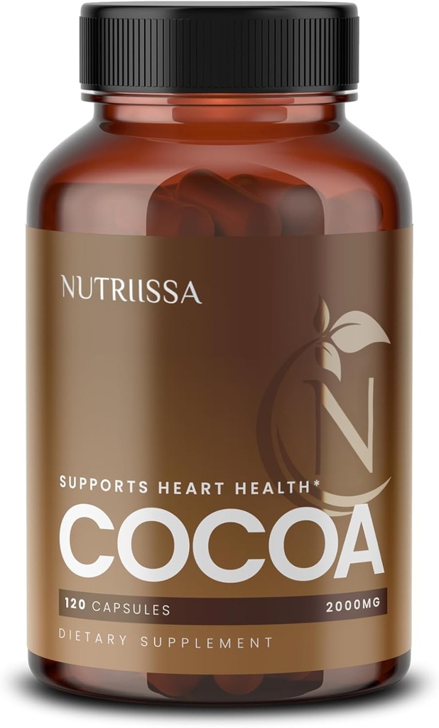 Nutriissa Cocoa Capsules 2000mg - Fortgeschrittene Herzgesundheit, Nitric Oxide & Zirkulation Unterstützung - 500mg Kakao Flavanols pro Servierung - EPEB zertifiziert für Reinheit & Potenz - Vegan, 120 Kapseln, 40 Servietten