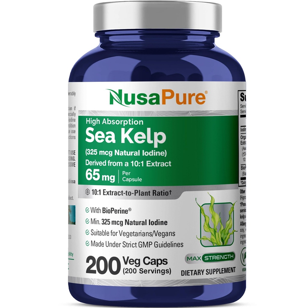 NusaPure Sea Kelp Natural Iodine 325mcg 10:1 Extrakt, 65 mg Äquivalent zu 650 mg Capsule 200 Count (Non-GMO, Vegan)