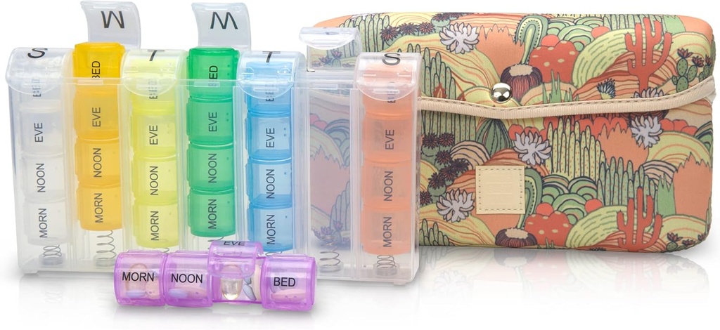 Trousse facile Cas de pilule grand 7 jours / 28 Compartiments en Neoprène Carrier avec boîte à pilules de stockage dans chaque jour à Morn, NOON, EVE, lit une vitamine hebdomadaire, la médecine, l'organisation de capsules (Khaki Desert Cactus)