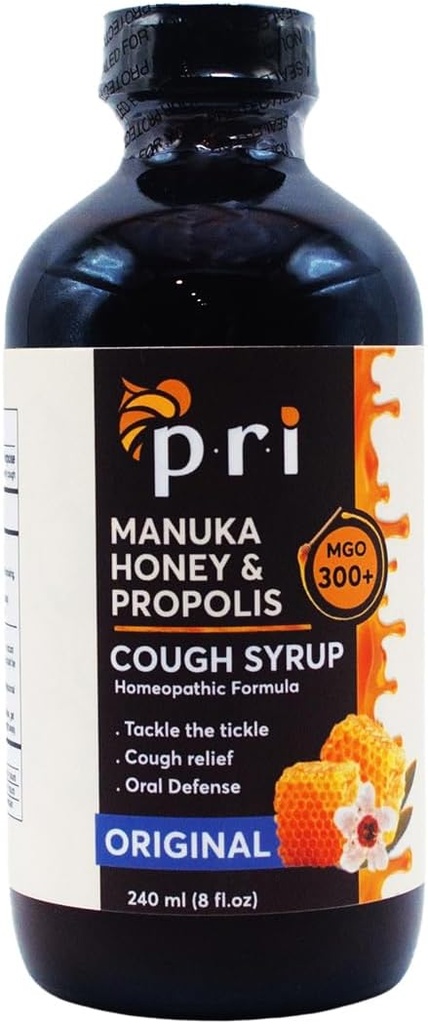 P.R.I Natürlicher trockener Hustensirup mit Manuka Honig, Propolis, Teebaumöl und Vitamin C - Sore Throat & Immununterstützung, Original Flavor, 8oz