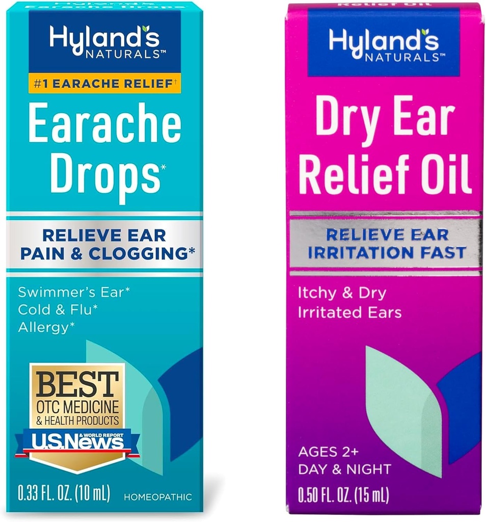Ensemble de gouttes d'oreille Hyland 0.33 Fl Oz et de l'huile de soulagement de l'oreille sèche, soulagement de l'irritation de l'oreille rapide, pour les oreilles irritées démangeaisons et sèches, 2 ans et plus, gouttes de jour et de nuit, 0.5 Ounce