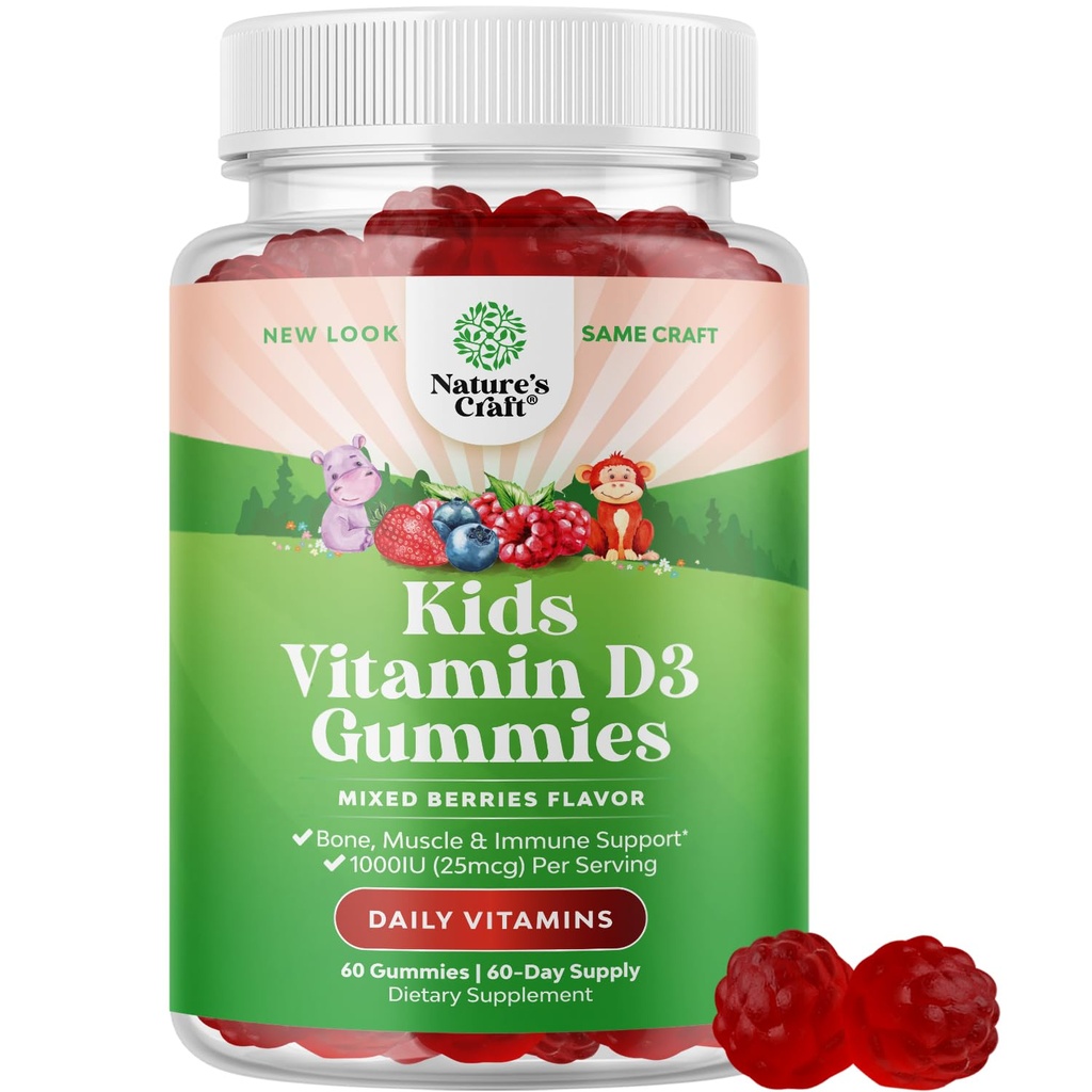 Kaubare Vitamin D Gummis für Kinder - Delicious Vitamin D 1000 IU Per Servieren - Kleinkinder Immununterstützung Gummis - Beeren Aroma Ergänzung für Knochen Gesundheit & Muskeln - Gelatin Free - 60 Chews