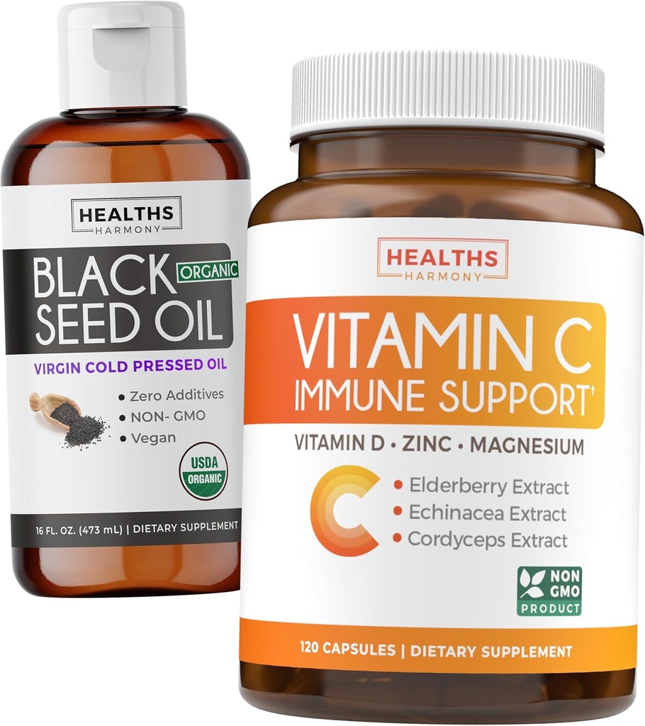 Black Seed Oil Liquid & Immun Support (2-Month Supply) Immun Maximiser Bundle - Black Seed Oil Liquid (16fl.oz) Premium Kaltgepresste Clack Cumin Seed Oil & Vitamin C Immun Support (120 Veg Caps)