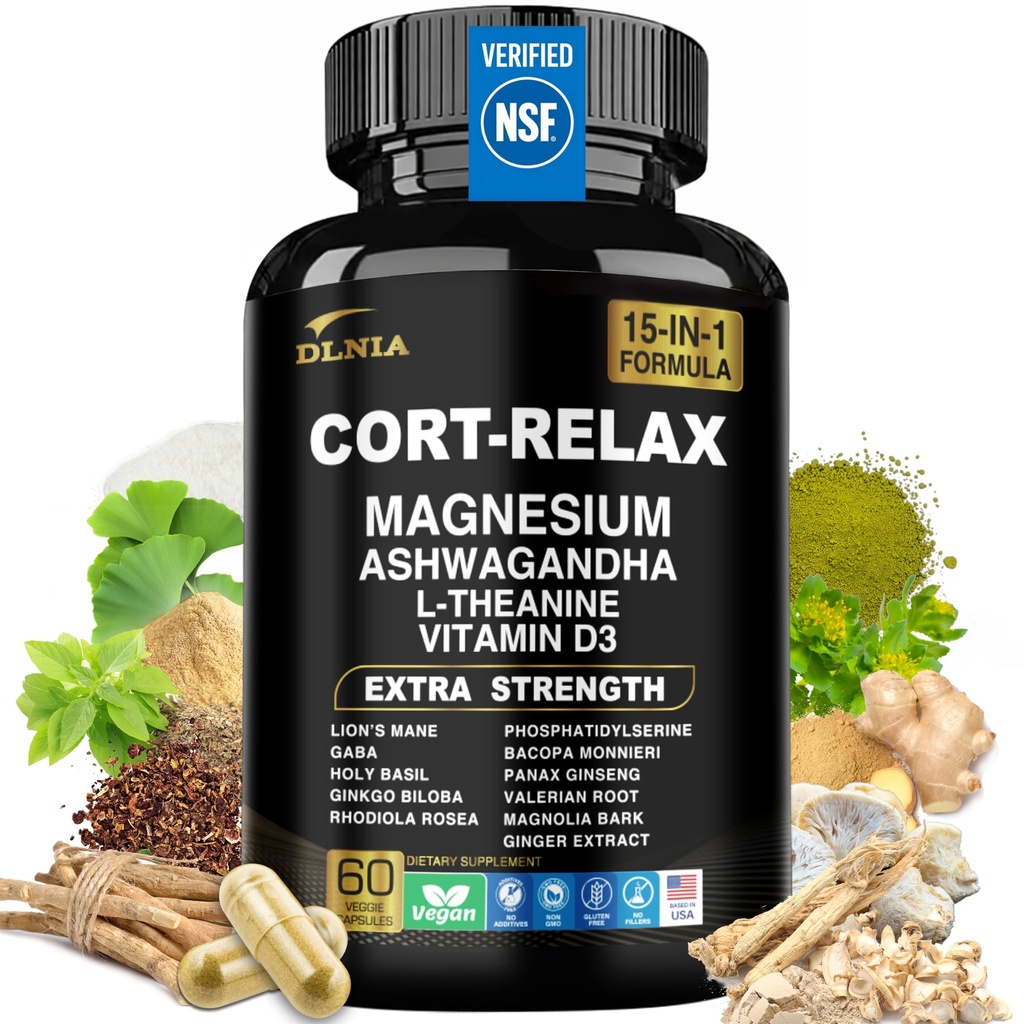 Supplément de cortisol super calme avec Glycinat de magnésium, Ashwagandha KSM-66, L-Theanine, Phosphatidylserine, Ginkgo Biloba & Lions Mane pour calme, focalisation, clarté mentale, relaxation, sommeil, énergie
