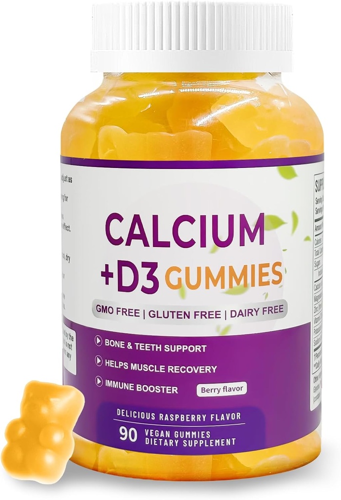 Calcium Magnesium Zink Ergänzung Gummi D3-90 Tabletten pro Flasche (Calcium 500mg - Magnesium 200mg - Zink 10mg - Plus Vitamin - Pro Servierung von 2 Tabletten) Vegan Berry Flavor