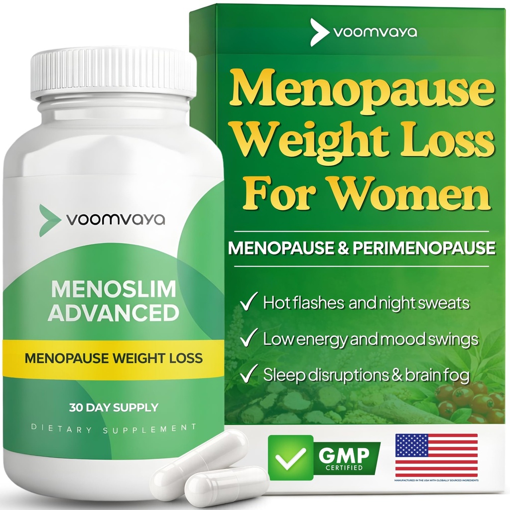 VoomVaya MenoSlim Ménopause avancée Perte de poids pour les femmes - Suppléments Ménopause & Periménopause pour les femmes - Supplément Estrogen & Ménopause Relief pour les flashs chauds, Bloating, Énergie - 60 Capsules