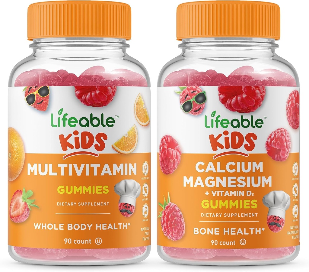 Lifeable Multivitamin Kids + Calcium Magnesium Kids, Gummis Bundle - Große Verkostung, Vitamin Supplement, Glutenfrei, GMO frei, Kaugummi
