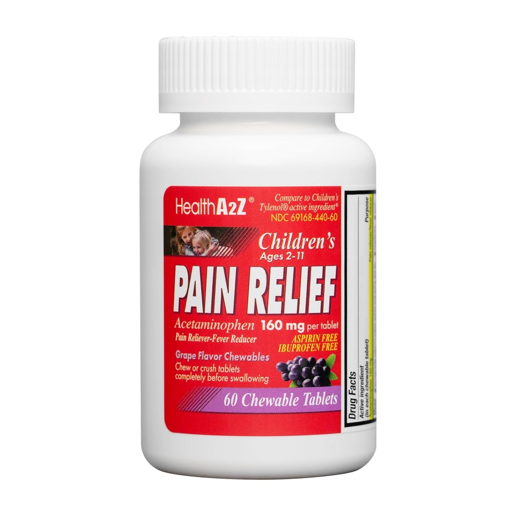 HealthA2Z® Kinder Kaugummi Relief | Acetaminophen 160mg | Kaubare Tabletten | Grape Flavor Chewables | Aspirin & Ibuprofen Kostenlos (60 Zähler)
