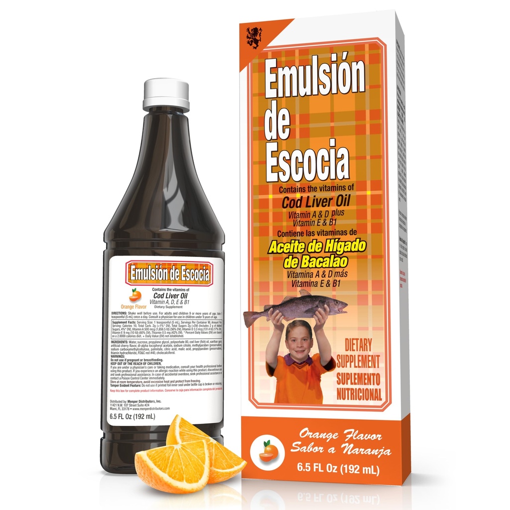 EMULSION DE ESCOCIA Cod Liver Oil, Orange Flavor, 6.5 fl oz (1 Pack) – Fischöl mit Vitaminen A, D, E, B1, Omega-3 für Immun- und Knochengesundheit, Kinder & Erwachsene