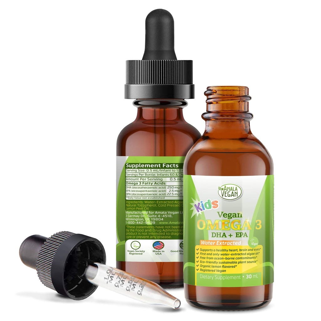 Omega 3 pour les enfants - Lemon biologique, végétalien, supplément liquide - Huile de poisson pour enfants avec DHA, EPA, DPA Acides gras - Huile d'algue à base végétale - Immune, coeur, santé cérébrale pour les enfants - 30-60 doses