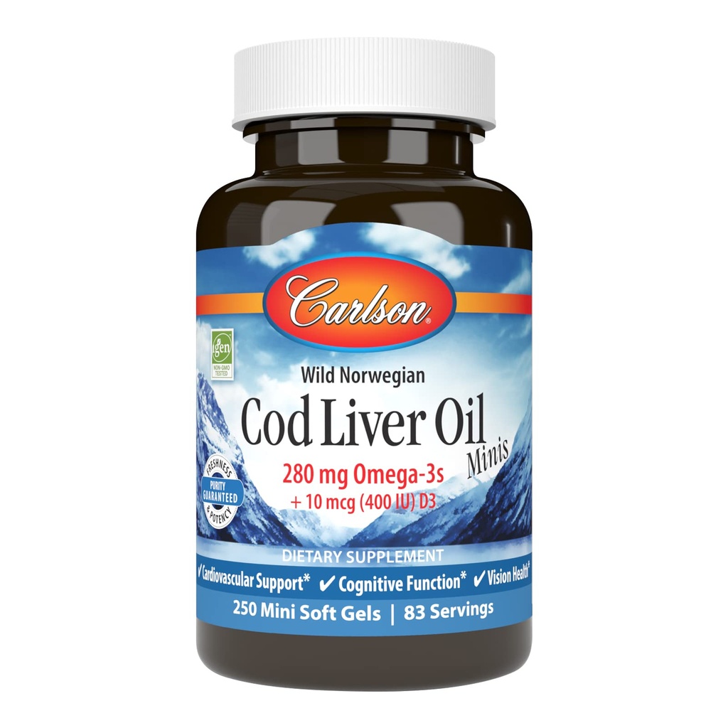 Carlson - Cod Liver Oil Minis, 280 mg Omega-3s + Vitamine A & D3, Herzunterstützung & Kognitive Funktion, Vision Health, 250 Mini Soft Gels