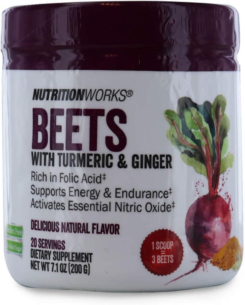 Nutrition Works Beets mit Turmeric & Ginger. Glutenfrei, kein hinzugefügter Zucker. Unterstützt Energie und Ausdauer. Nahrungsergänzung. 20 Servierungen 7.1 oz