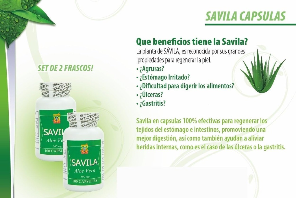 Nutrisalud Products Capsulas de Savila, Aloe Vera Capsules 500mg. Set de 2 frascos 100 capsulas CADA uno.Efectivo Contra ulceras,agruras,mala Digestion,Colitis,estreñimiento. Dura mas de 3 Meses.