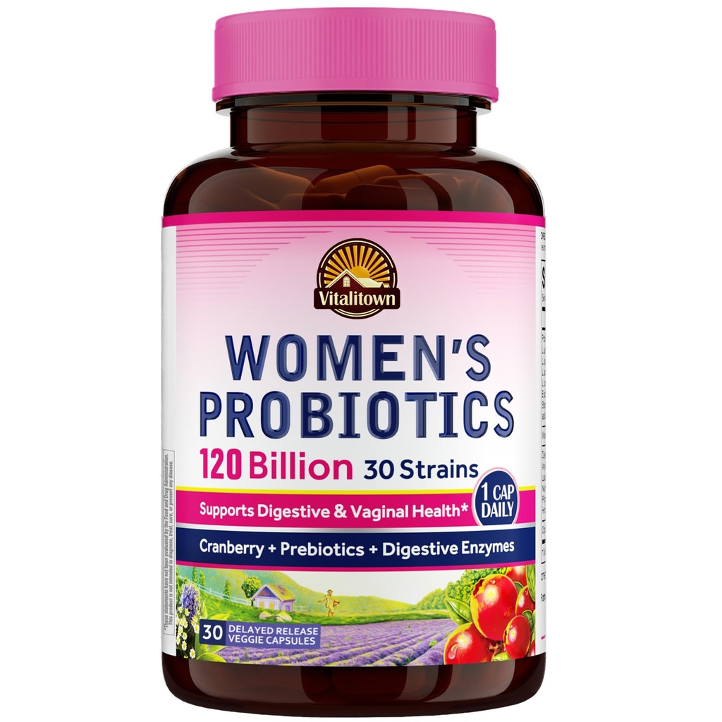 Vitalitown Probiotics for Women 120 Billion CFUs, 30 Strains, mit Prebiotics & Digestive Enzyme & Cranberry, Gut & Vaginal Health, Vegan 30 Delayed Release Caps