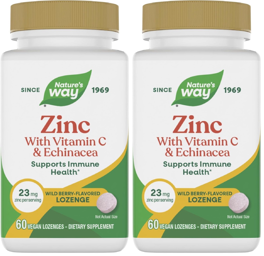 Nature's Way Zinc Lozenges avec vitamine C & Echinacea, Immune Support*, Saveur de baies sauvages, 60 Lozenges (paquet de 2)