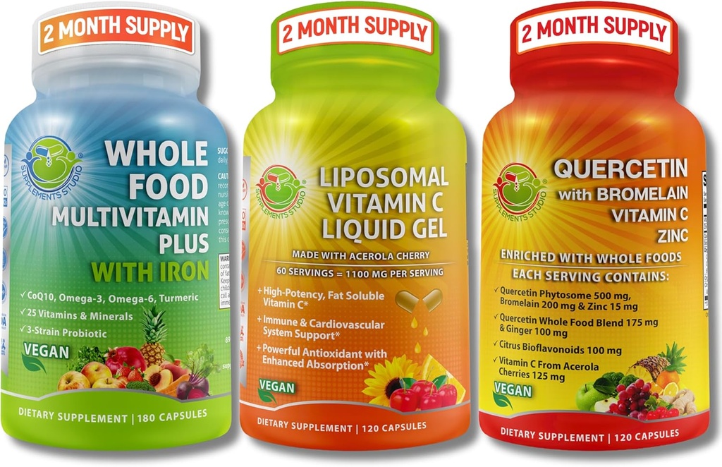 Immun-, Energie- und umfassendes Multisystem-Support Trio - Liposomales Vitamin C 1100mg Flüssiggel + Quercetin mit Bromelain, Zink & Vitamin C + Daily Multivitamin mit Eisen – Non-GMO, Clean Label