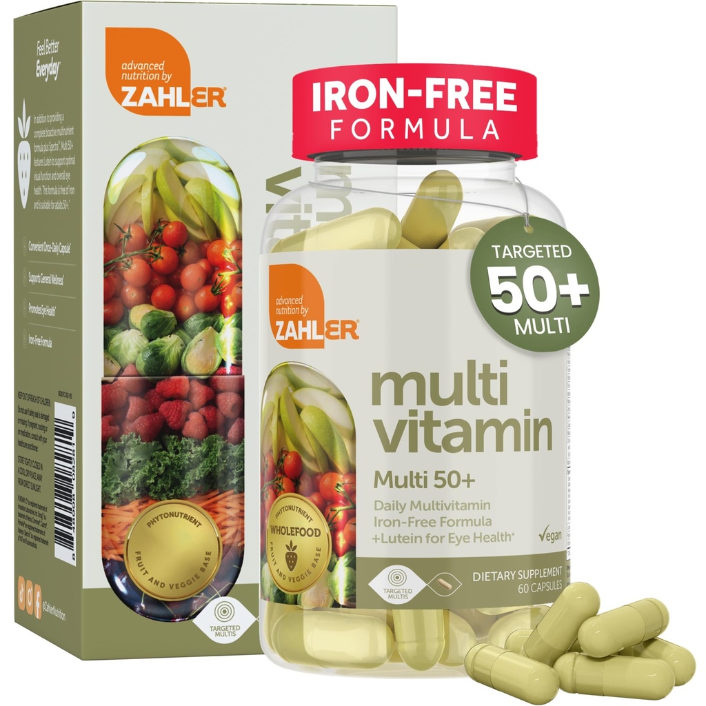 Zahler Multivitamin 50+, Iron-Free Formula + Lutein for Eye Health, 60 Capsules.
