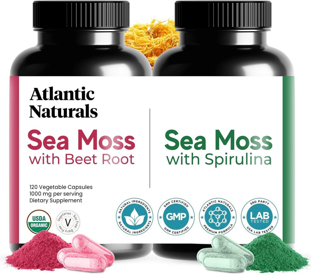 Atlantic Naturals Sea Moss Superfood Bundle - Sea Moss with Beet Root & Spirulina Capsules - Defense Support, Blood Flow, Joint Health & Iron - 240 Kapseln (2 x 120 ct)