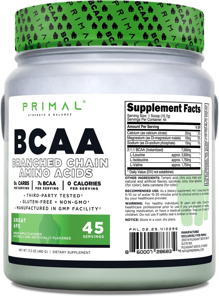 Primal BCAA poudre grand singe (45 SERV) (arôme de pomme verte) - 0 g Carbs, 0 Calories, 7g BCAA par portion