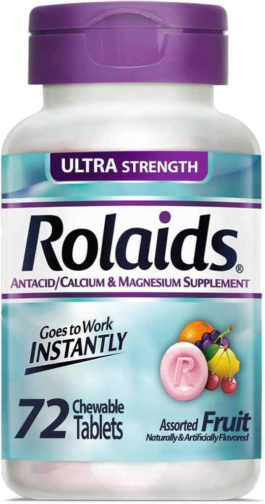 Rolaids Antacid Calcium & Magnesium Supplement Ultra Strength Tablets, Fruit 72 ea (Pack of 4)
