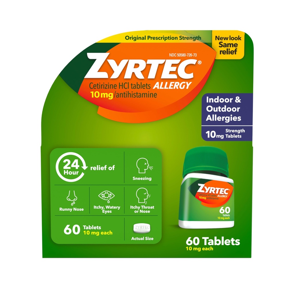 Zyrtec 24 heures comprimés antiallergiques, médecine d'allergie intérieure et extérieure avec 10 mg de HCl cétirizine par comprimé antihistaminique, soulagement des allergies, 60 nombres.