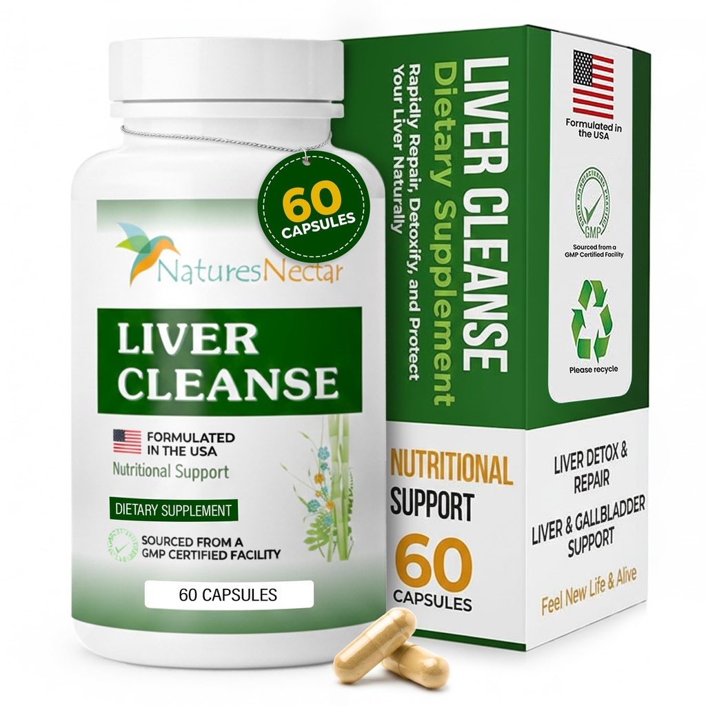 Nature Nectar Liver Cleanse Detox & Repair – Supplément de soutien du foie actif avec détox du foie de chardon de lait – Aide à réparer et protéger le foie, aide Fatty Liver & Gallbladder Health – 60 Capsules