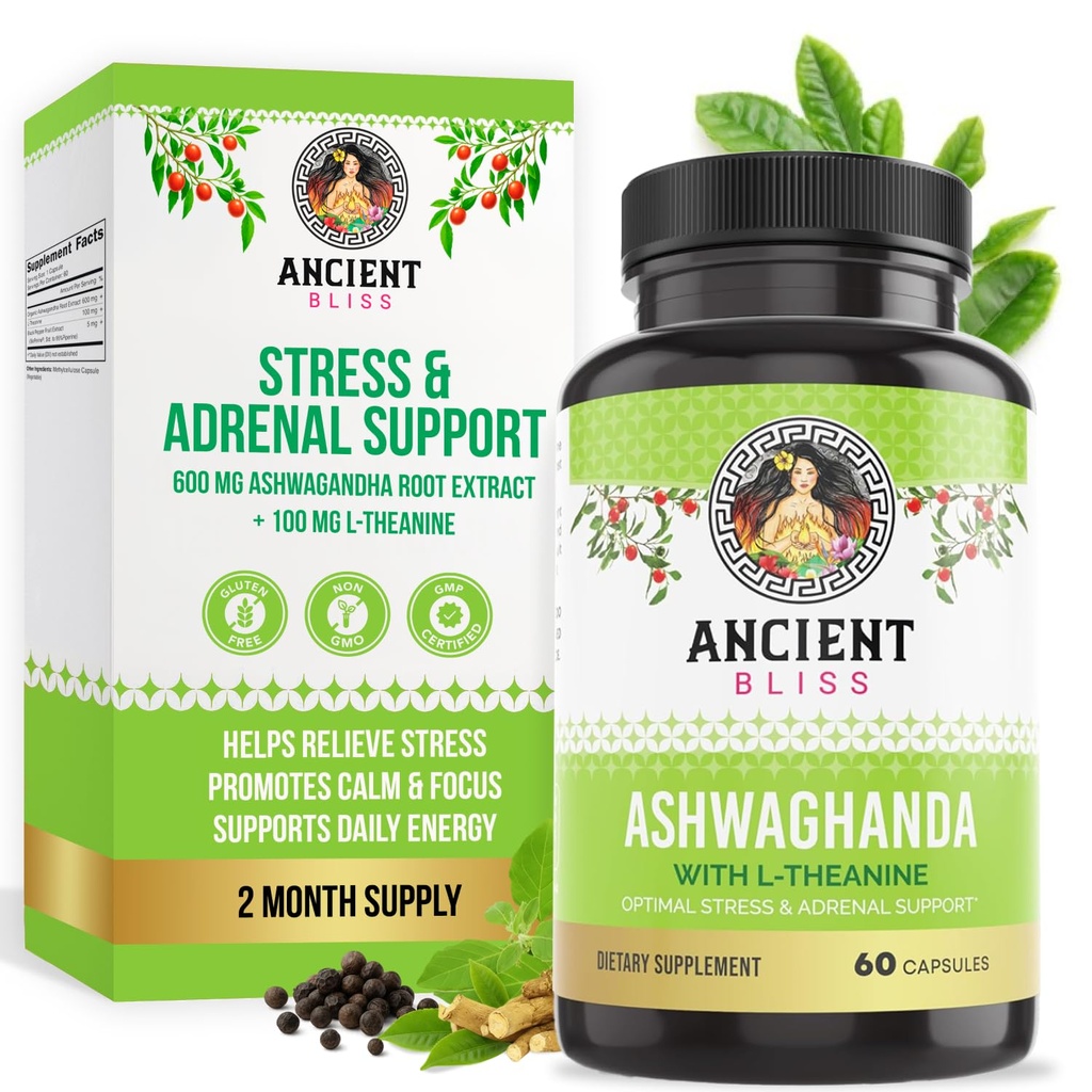Antike Bliss Ashwagandha mit L-Theanin & Schwarz Pfeffer Extrakt Kapseln, Energie & Natürliche Stimmung Unterstützung Supplement, Fokus Supplement für Erwachsene