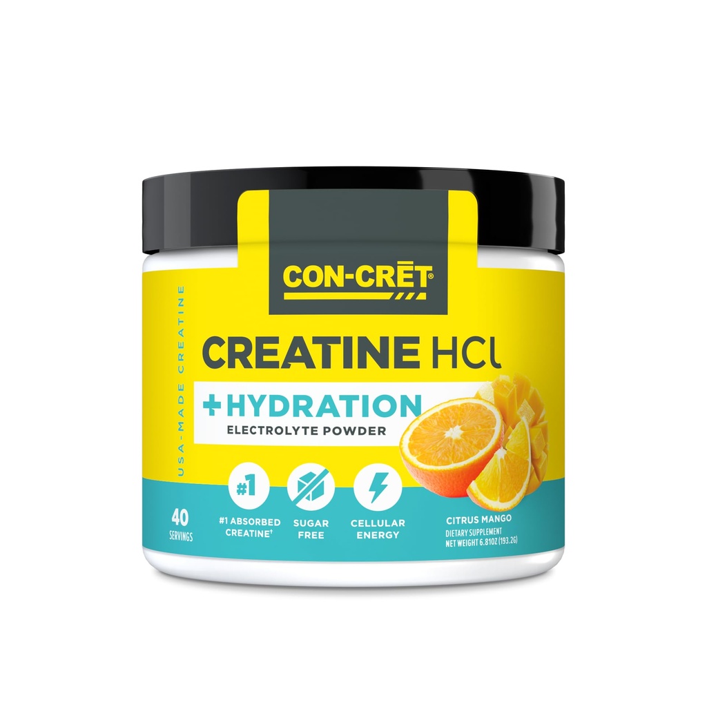 KONCRET Kreatin HCI + Hydration | Elektrolytpulverwanne | Citrus Mango | Zucker Freie Elektrolyte | Rehydrierung Formel w Kalium, Natrium, Zink, Magnesium zu Hydrate & Recover (40 serv)