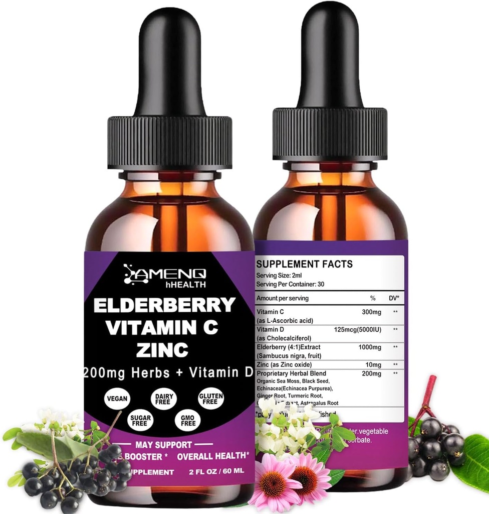 Sirop de baies âgées biologiques, gouttes liquides Vitamine C et zinc pour les adultes, 11-en-1 Sambucus Black Elderberry Tecture w/ Vitamine D3, Sea Moss Black Seed, Elderberry Imune Support Supplément