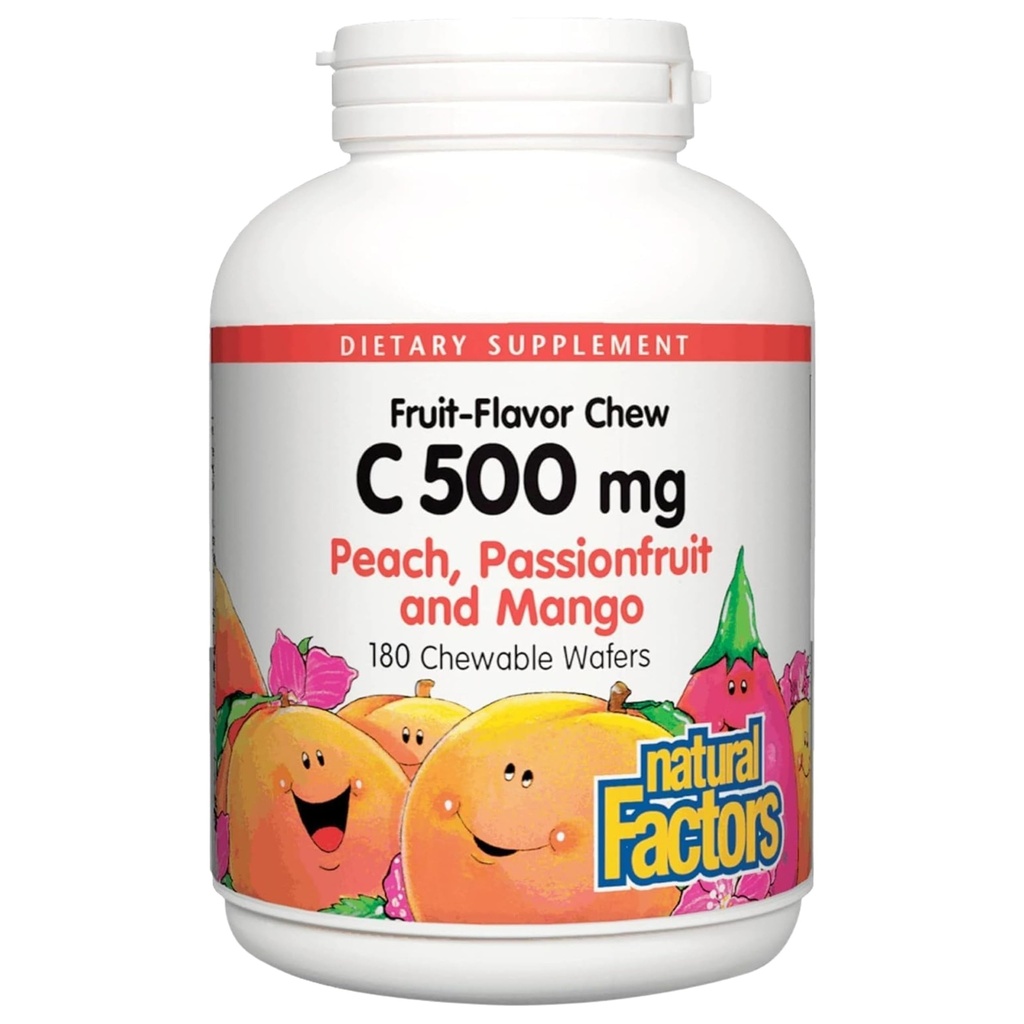 Natural Factors, Kids Chewable Vitamin C 500 mg, Supports Immune Health, Bones, Teeth and Gums, Peach, Passionfruit and Mango, 180 Wafers