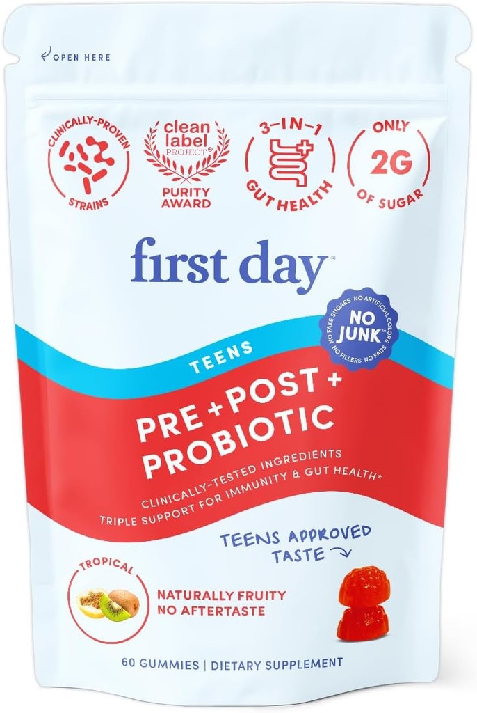 FIRST DAY Teens’ Gut Sustainer Tribiotic Gummies – 3-in-1 Prebiotic, Probiotic & Postbiotic Supplement – Unterstützt Verdauungs-, Haut-, Mund- und Immungesundheit, Nährstoffaufnahme & Wachstum – 30-Tage-Versorgung