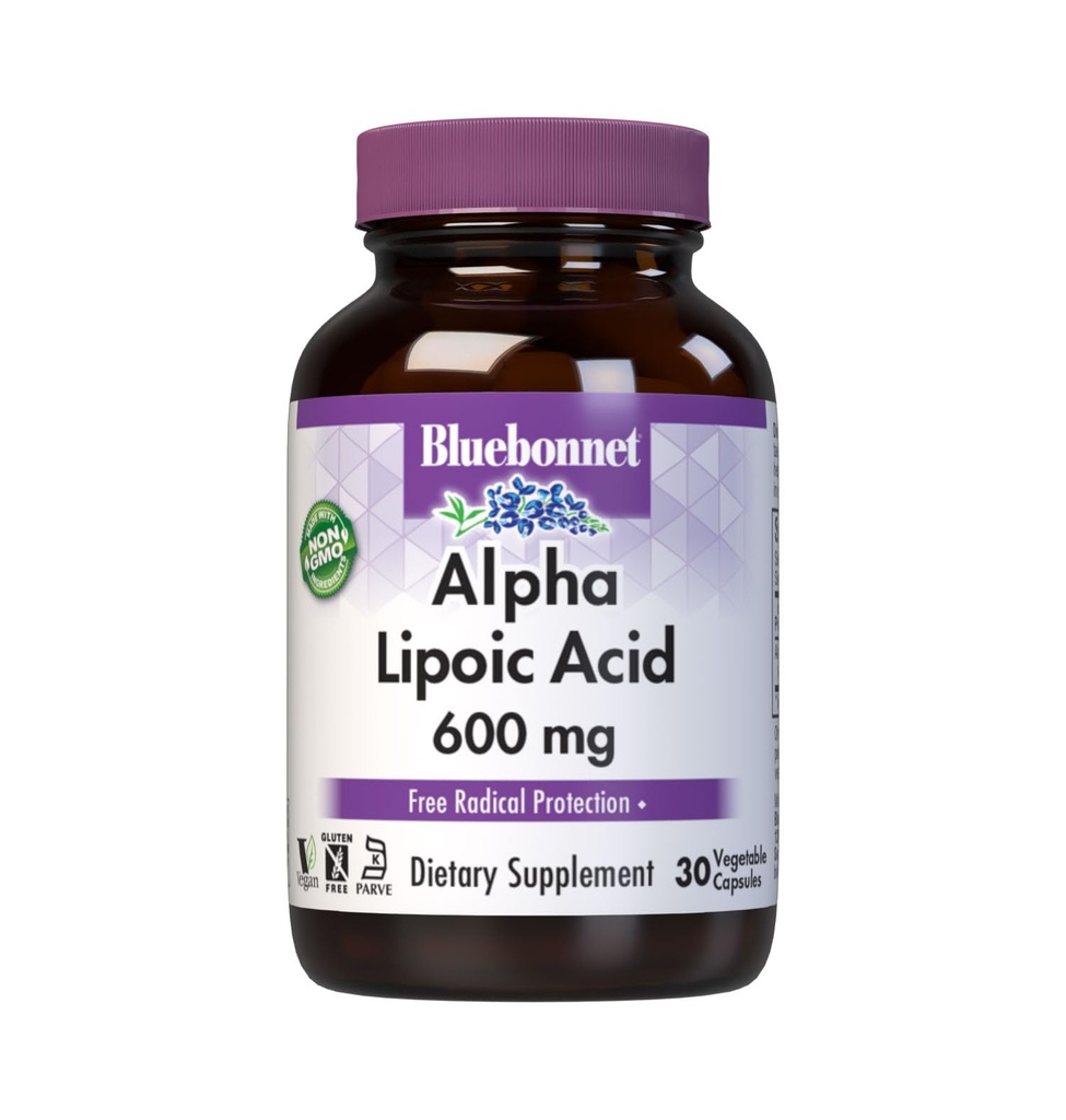 BlueBonnet Alpha acide lipoïque 600mg - puissant supplément de soutien antioxydant pour les femmes et les hommes - Non-OGM, végétalien, casher - sans gluten, sans soja, sans lait - 60 capsules végétales