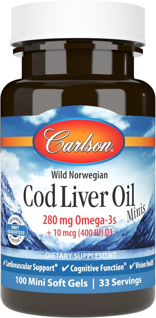 Carlson - Cod Liver Oil Minis, 280 mg Omega-3s + Vitamine A und D3, Norwegisch, Wild Caught, Sustainable Sourced, 100 Mini Softgels