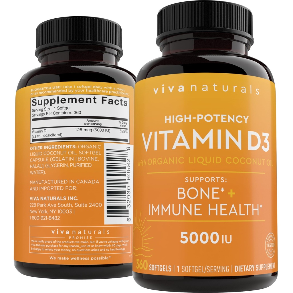 Viva Naturals Vitamine D3 5000 UI Softgels, 360 Compte (125 mcg), soutient la santé osseuse et immunitaire, haute puissance Vitamine D