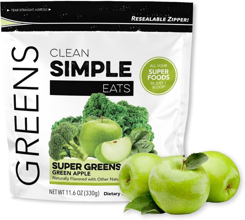 Clean Simple Eats Super Greens Powder, Naturally Flavored Greens Powder with Chlorella, Spirulina, Superfoods & Prebiotic Fiber, No Artificial Ingredients, Gluten Free, Green Apple Flavor, 30 Servings