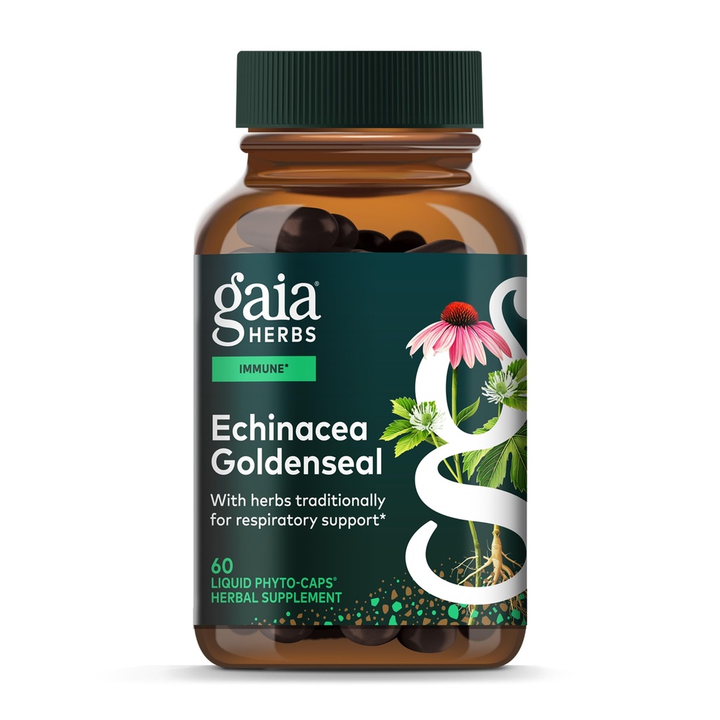 Gaia Herbs Echinacea Goldenseal - Immune Support with Echinacea & Goldenseal Root - Traditionally Used to Help Maintain a Healthy Respiratory System* - 60 Vegan Liquid Phyto-Caps (30 Servings)